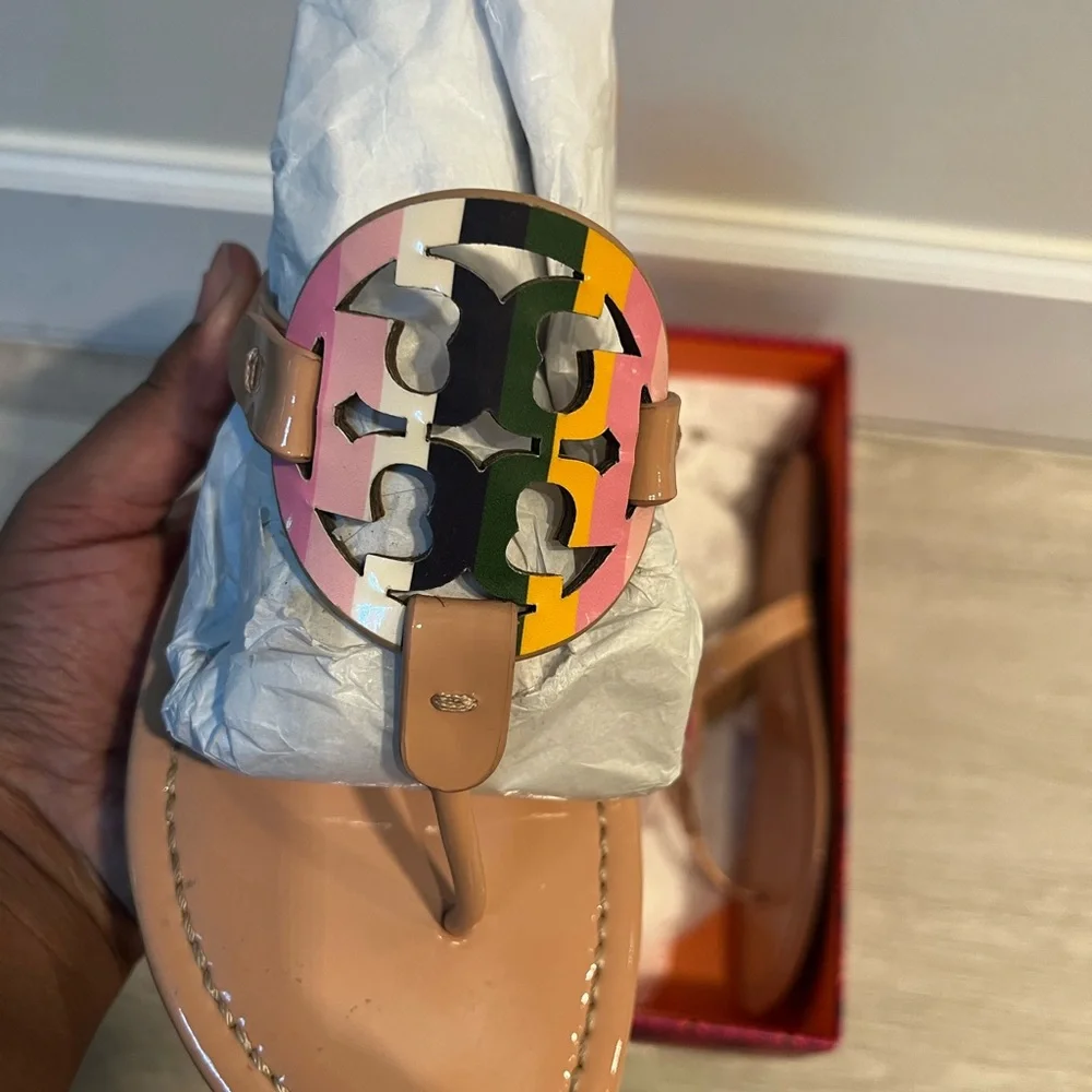 Tory Burch Nude Thong Sandal with Pink, Green, Yellow & Black Logo - Picture 4 of 5